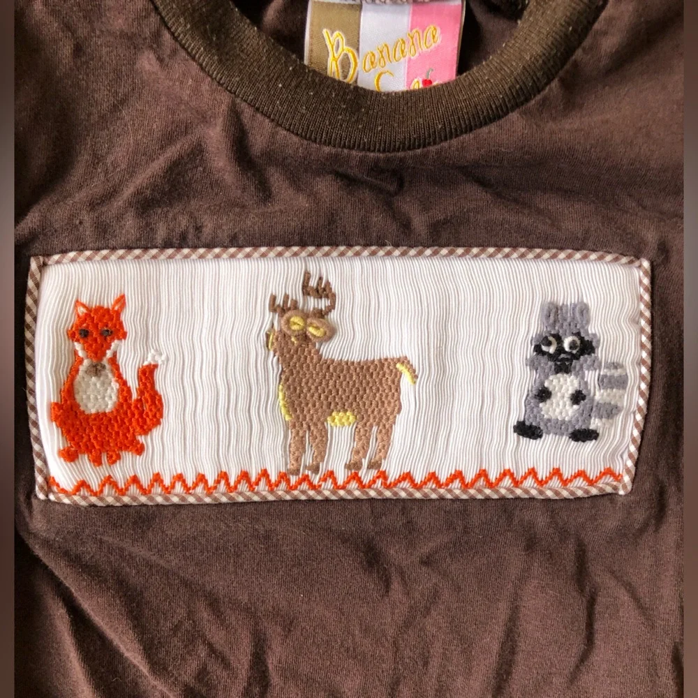 4/$20 Banana Split Forest Friends Brown Embroidered Long Sleeve Playsuit Sz 12mo